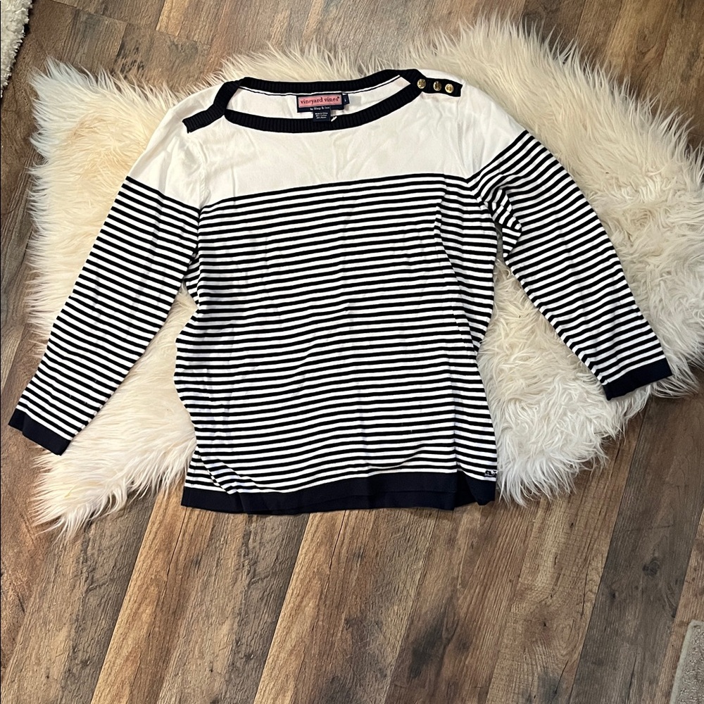 Vineyard Vines navy blue/white striped nautical sweater with gold-tone buttons